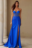 Sparkly Royal Blue Corset Sheath Maxi Prom Dress with Slit
