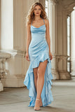 Sky Blue Halter Mermaid High Low Prom Dress with Ruffles