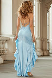 Sky Blue Halter Mermaid High Low Prom Dress with Ruffles