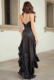 Black Ruffled Spaghetti Straps High Low Prom Dress with Slit