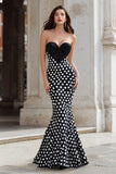 Black and White Polka Dots Mermaid Sweetheart Long Prom Dress