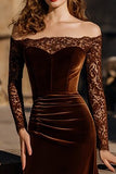 Brown Velvet Off the Shoulder Mermaid Long Holiday Party Dress with Lace