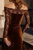 Brown Velvet Off the Shoulder Mermaid Long Holiday Party Dress with Lace