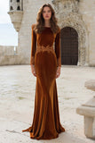 Caramel Velvet Mermaid Appliqued Long Holiday Party Dress
