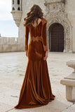 Caramel Velvet Mermaid Appliqued Long Holiday Party Dress