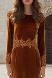 Caramel Velvet Mermaid Appliqued Long Holiday Party Dress
