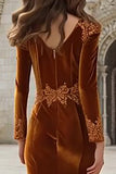 Caramel Velvet Mermaid Appliqued Long Holiday Party Dress