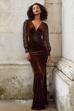Brown Mermaid Velvet V Neck Long Holiday Party Dress with Lace