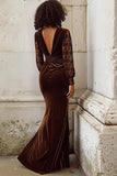 Brown Mermaid Velvet V Neck Long Holiday Party Dress with Lace
