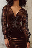 Brown Mermaid Velvet V Neck Long Holiday Party Dress with Lace