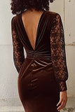 Brown Mermaid Velvet V Neck Long Holiday Party Dress with Lace
