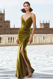 Olive Mermaid Velvet Long Holiday Party Dress with Slit
