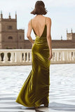 Olive Mermaid Velvet Long Holiday Party Dress with Slit