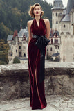 Burgundy Velvet Mermaid Halter Long Holiday Party Dress with Bow