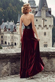 Burgundy Velvet Mermaid Halter Long Holiday Party Dress with Bow