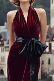 Burgundy Velvet Mermaid Halter Long Holiday Party Dress with Bow