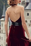 Burgundy Velvet Mermaid Halter Long Holiday Party Dress with Bow