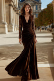 Brown Velvet Mermaid V Neck Maxi Holiday Party Dress with Lace
