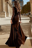 Brown Velvet Mermaid V Neck Maxi Holiday Party Dress with Lace
