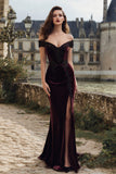 Burgundy Velvet Mermaid Long Appliqued Holiday Party Dress with Slit