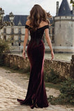 Burgundy Velvet Mermaid Long Appliqued Holiday Party Dress with Slit