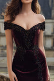 Burgundy Velvet Mermaid Long Appliqued Holiday Party Dress with Slit