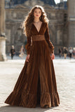 Brown Velvet A Line Maxi Holiday Party Dress with Sleeves