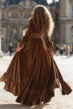 Brown Velvet A Line Maxi Holiday Party Dress with Sleeves
