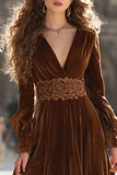 Brown Velvet A Line Maxi Holiday Party Dress with Sleeves