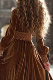 Brown Velvet A Line Maxi Holiday Party Dress with Sleeves