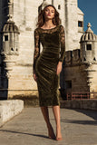 Olive Mermaid Velvet Midi Holiday Party Dress with Lace