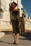 Olive Mermaid Velvet Midi Holiday Party Dress with Lace