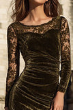 Olive Mermaid Velvet Midi Holiday Party Dress with Lace
