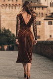 Brown Mermaid Velvet Midi Holiday Party Dress