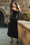 Dark Green Mermaid Off the Shoulder Velvet Long Holiday Party Dress