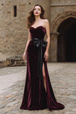Burgundy Strapless Velvet Mermaid Long Holiday Party Dress with Bow