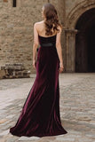 Burgundy Strapless Velvet Mermaid Long Holiday Party Dress with Bow