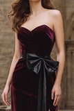 Burgundy Strapless Velvet Mermaid Long Holiday Party Dress with Bow