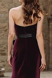Burgundy Strapless Velvet Mermaid Long Holiday Party Dress with Bow