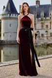 Burgundy Halter Velvet Long Holiday Party Dress with Sash