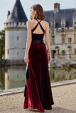 Burgundy Halter Velvet Long Holiday Party Dress with Sash