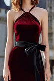 Burgundy Halter Velvet Long Holiday Party Dress with Sash