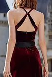 Burgundy Halter Velvet Long Holiday Party Dress with Sash