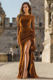 Caramel Velvet Ruffled Mermaid Long Holiday Party Dress with Slit