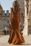 Caramel Velvet Ruffled Mermaid Long Holiday Party Dress with Slit