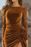 Caramel Velvet Ruffled Mermaid Long Holiday Party Dress with Slit