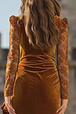 Caramel Velvet Ruffled Mermaid Long Holiday Party Dress with Slit