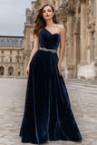 Sparkly Navy Velvet Long Beaded Holiday Party Dress