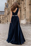Sparkly Navy Velvet Long Beaded Holiday Party Dress