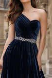 Sparkly Navy Velvet Long Beaded Holiday Party Dress